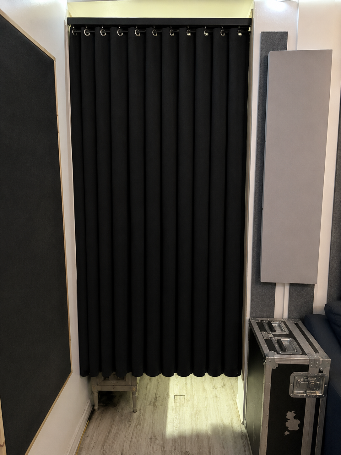 Black acoustic curtains inside the Chokobeats studio